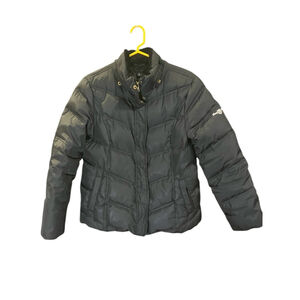 Tommy Hilfiger Down Puffer Jacket High Collar Snap Zipper Black Logo L Vintage